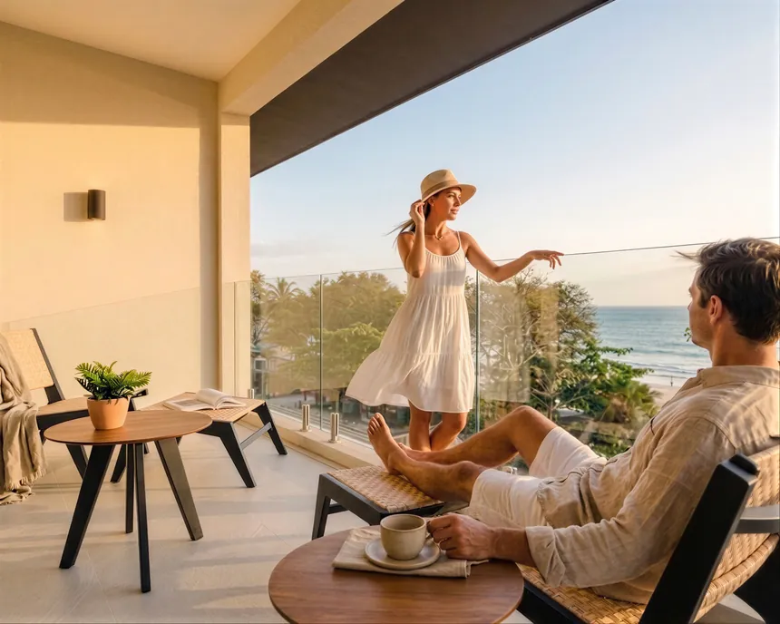 Guests on the oceanfront balcony overlooking Tamarindo beach
