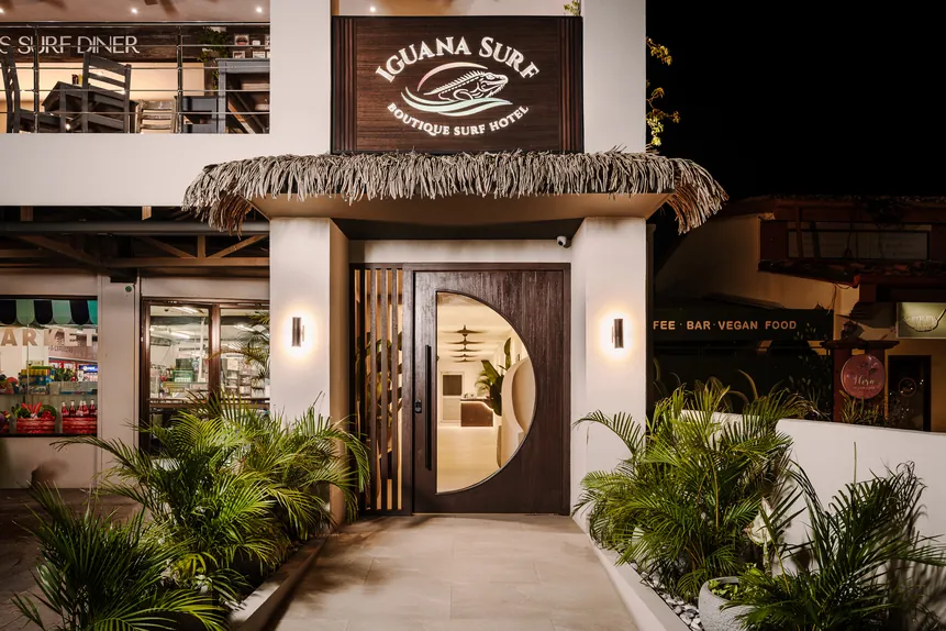 Iguana Surf boutique hotel entrance at dusk