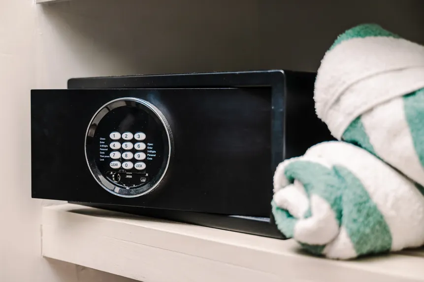 In-room safe and beach towels in the Surf Loft Suite
